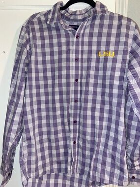 Antigua Purple Plaid Button-Down Shirt with Yellow Embroidery